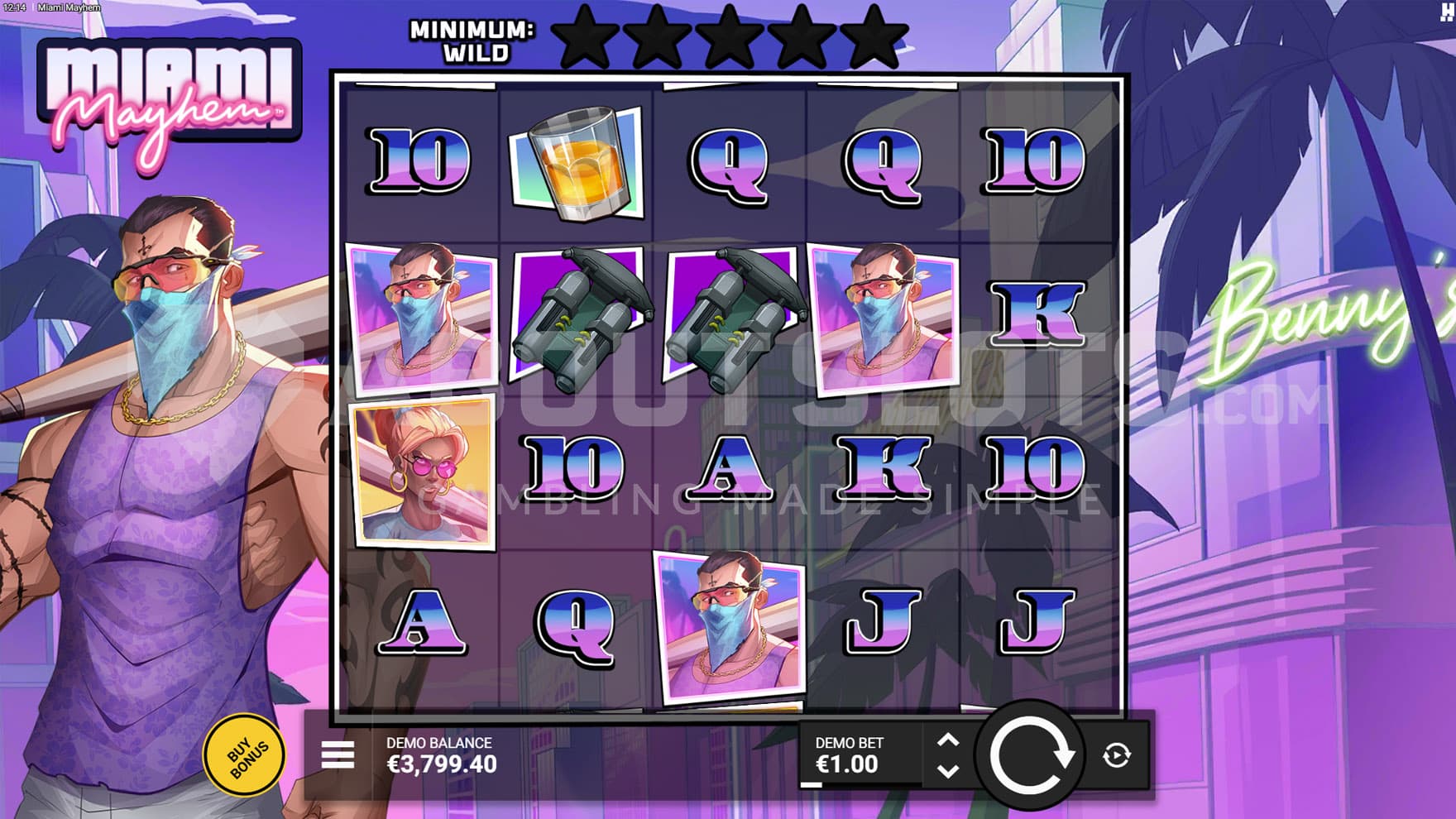 Base Game view of a 5x4 grid on a backdrop of Miami in pink with a muscular man wielding a baseball bat standing on the left.