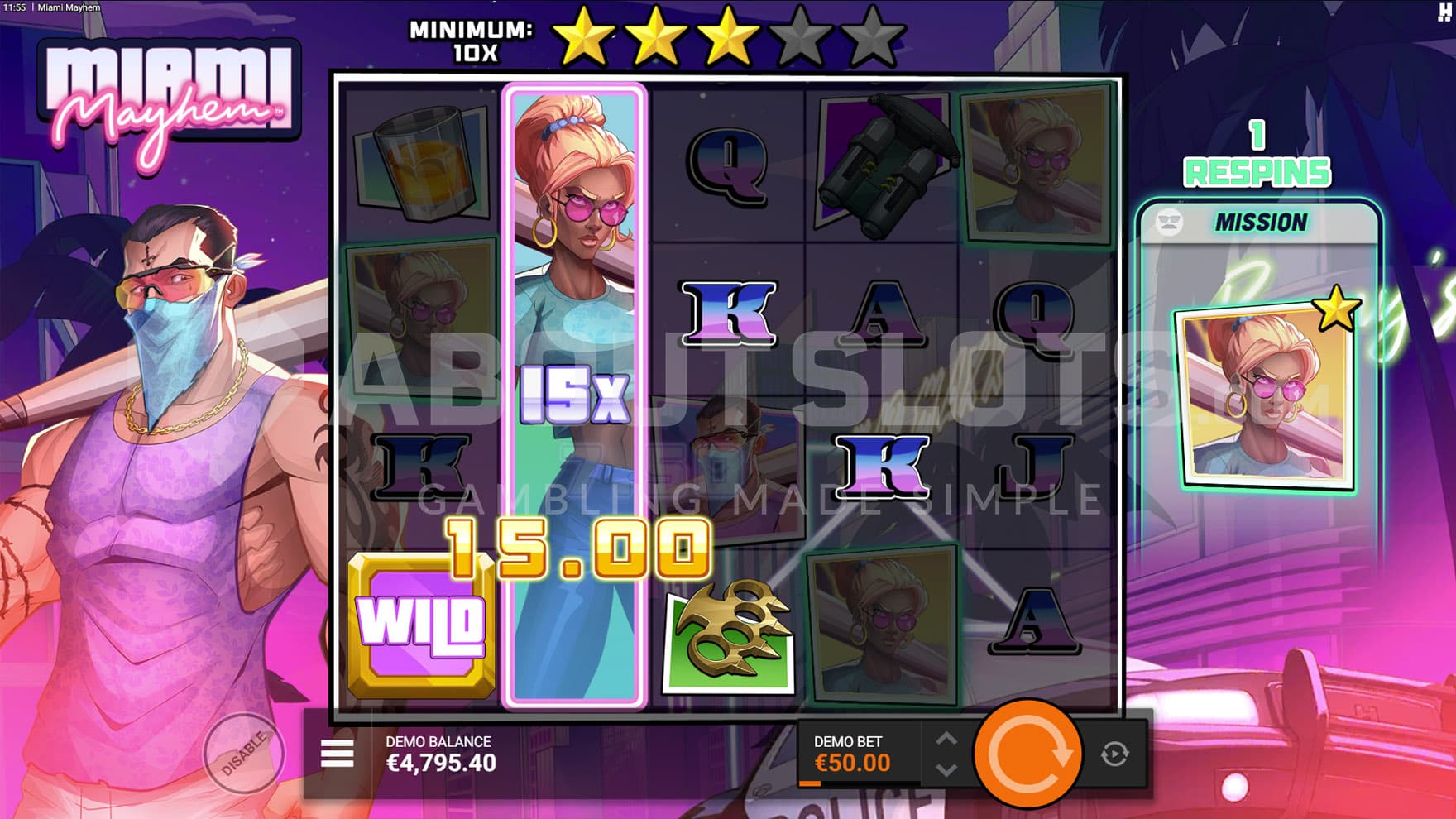 Mission Feature triggered in the base game, showing the Wanted Level Bar on level 3 and an Expanding Wild with an x15 multiplier on reel 2.