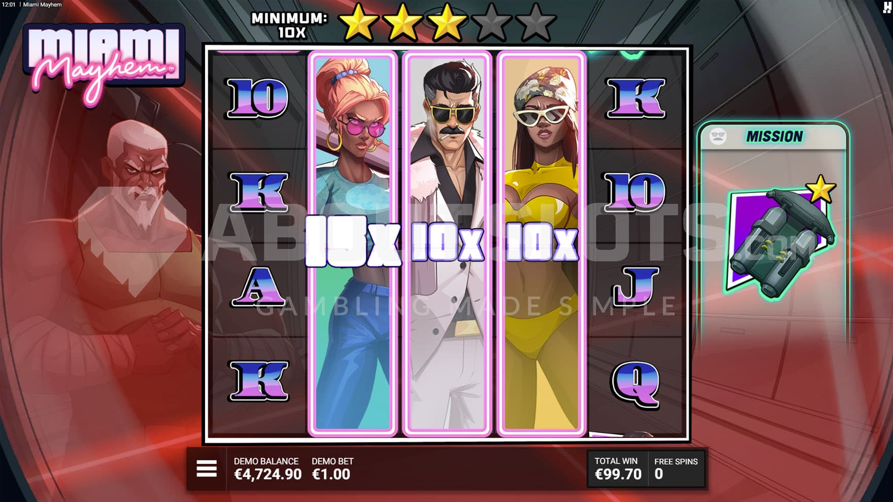 The Hit Bonus in progress, showing three middle reels covered with Crew Expanding Wilds with multipliers of 15x, 10x ,and 10x.