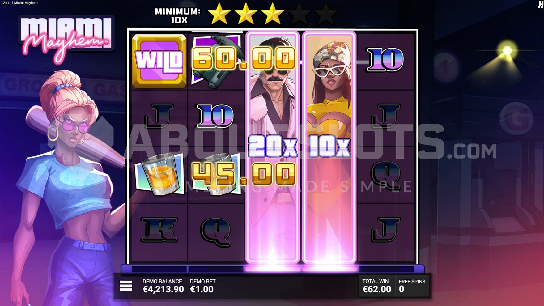 We Split Bonus showing the last spin activating guaranteed Expanding Wilds on reel 3 and 4 with multipliers of 20x and 10x.