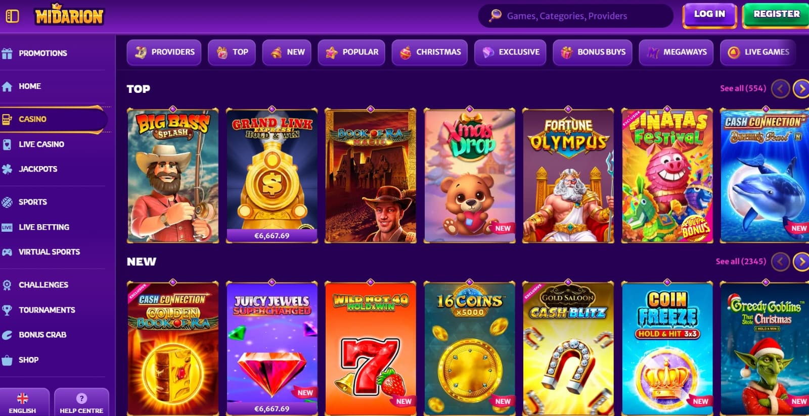 Midarion Casino's games page featuring new and popular slots and table games, under category tabs