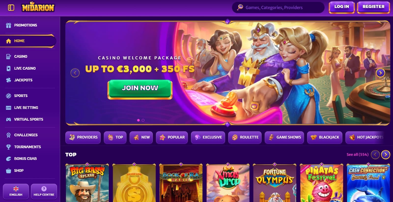 Midarion Casino's landing page featuring the welcome bonus of 3000 euro and 350 free spins with image of Gold King playing at a casino, with featured slot section and left side menu