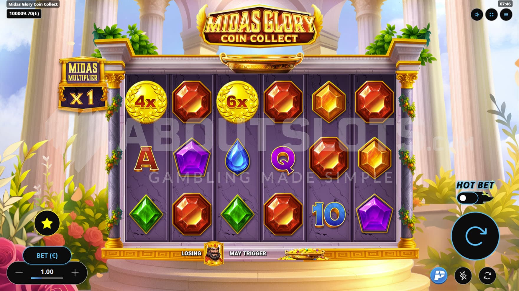 Base Game view of a 6x3 grid on a backdrop of a bright interior of an ancient Greek temple.