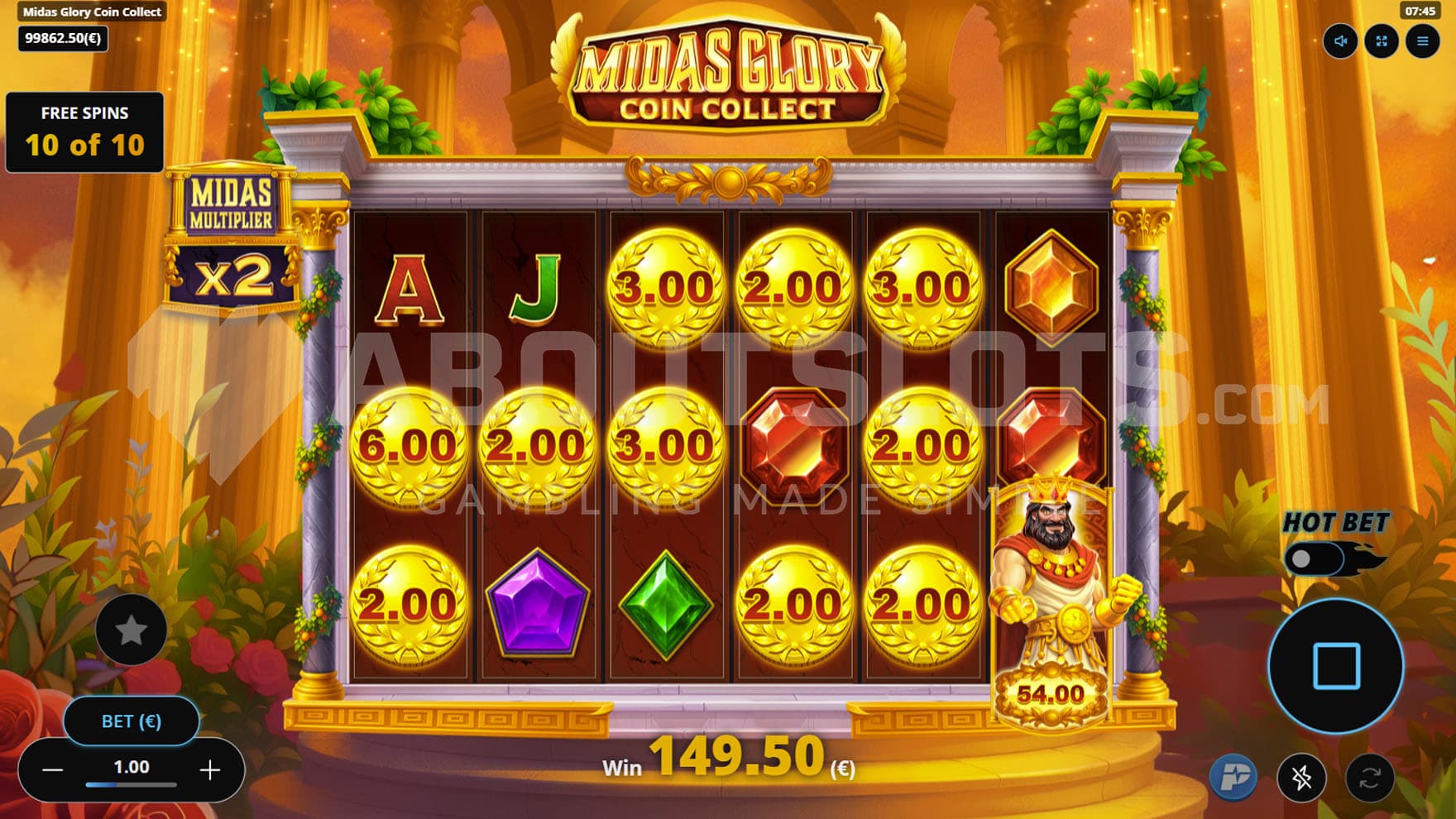 Free Spins bonus in progress, with the cash collection feature triggered.