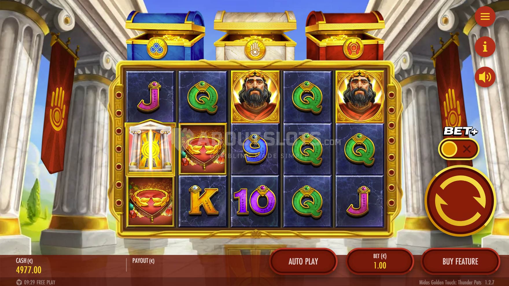 Base Game view of a 5x3 grid on a backdrop of an Ancient Greek temple.