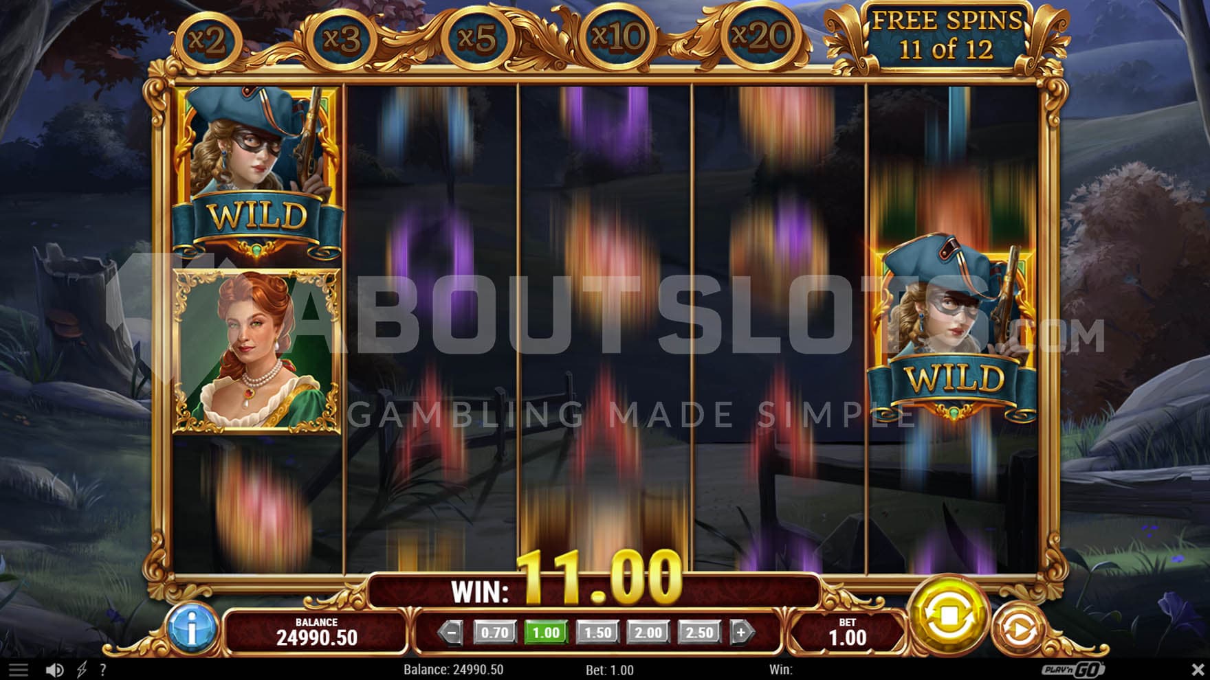 Free Spins with Roaming Wilds where 2 Roaming Wilds land on reels 1 and 5 mid-spin.
