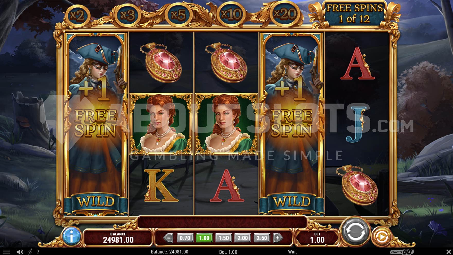 Free Spins with Stacked Wilds Bonus where 2 Stacked Wilds landed on reels 1 and 4.