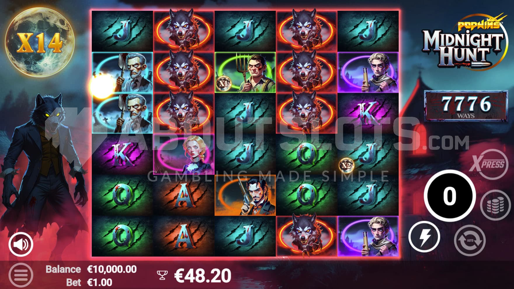 Free Spins bonus in progress, showing multiple reels increased in height and a global multiplier of x14.