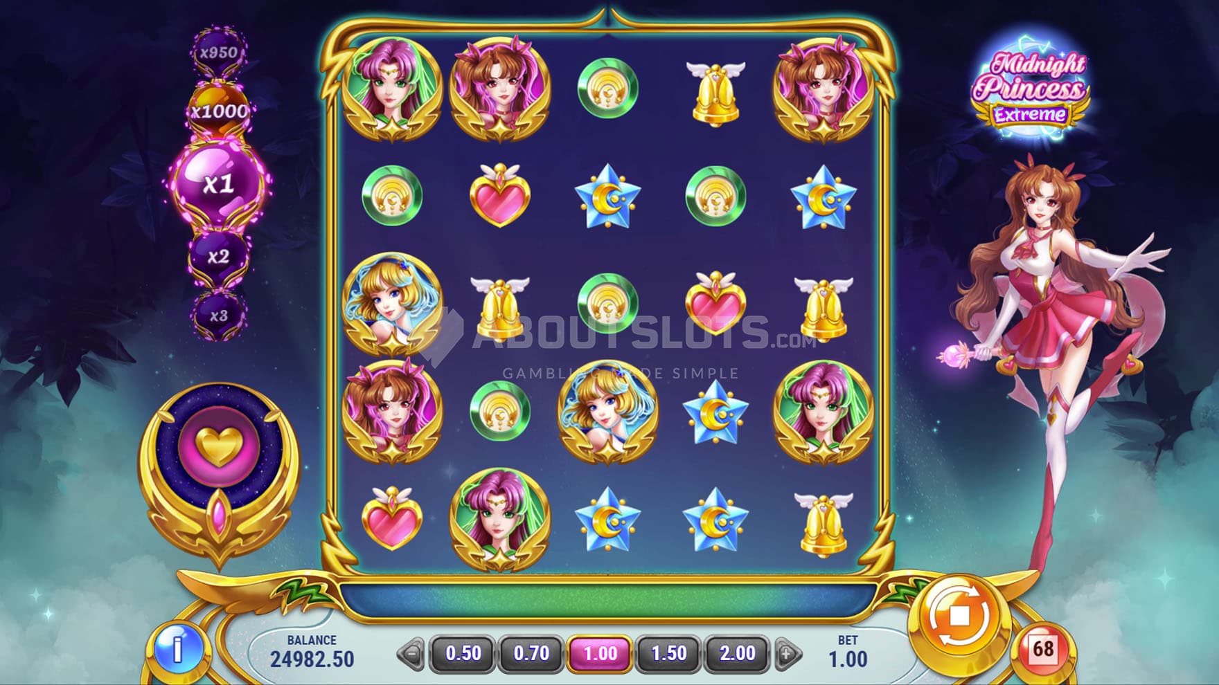 Base Game view of a 5x5 grid on a backdrop of a night sky lined with stars, and the Love princess standing on the right.