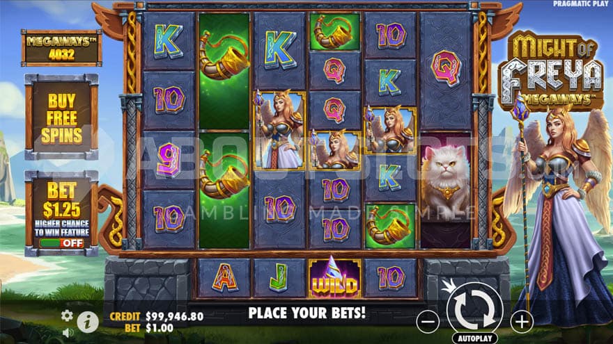 Base game where Freya is standing on the right of the reels.