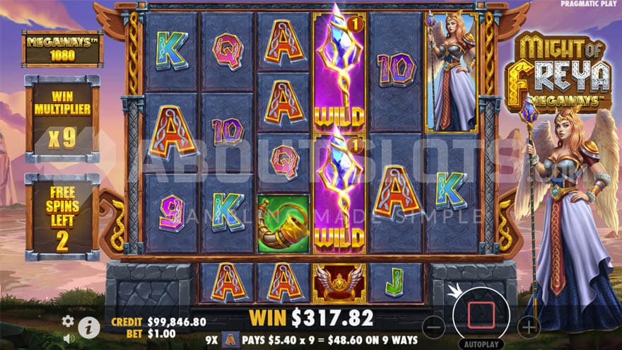 Free Spins feature with a current 9X win multiplier being presented on the left.