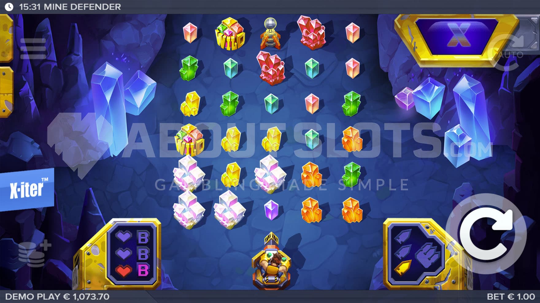 Base Game view of a 5x6 grid set in an undeground mine where a Hero manning a turret awaits enemies at the bottom of the screen.