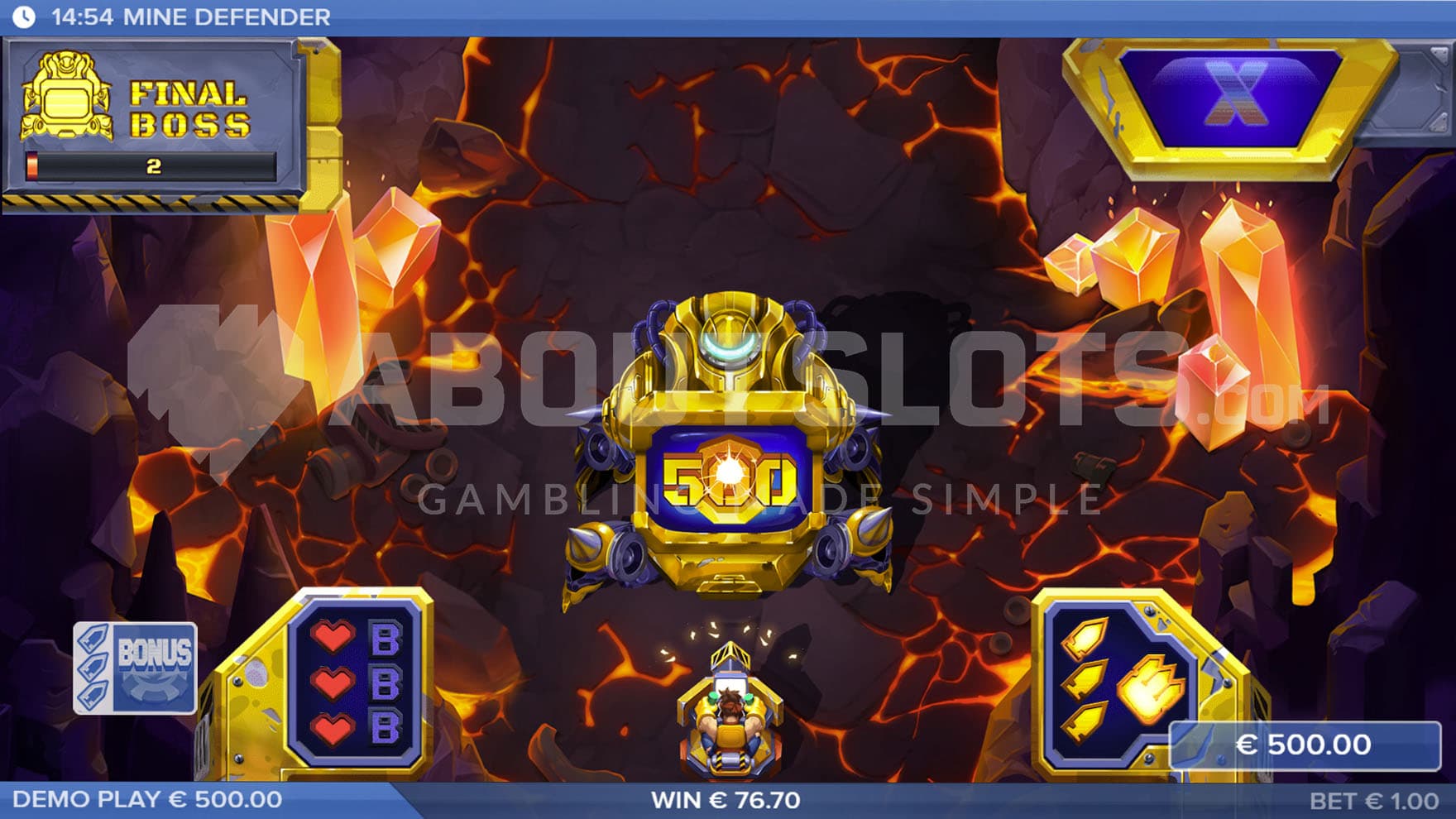 Final Boss bonus in progress with the Boss carrying a 500x the bet Trophy prize and only 2 life points remaining.