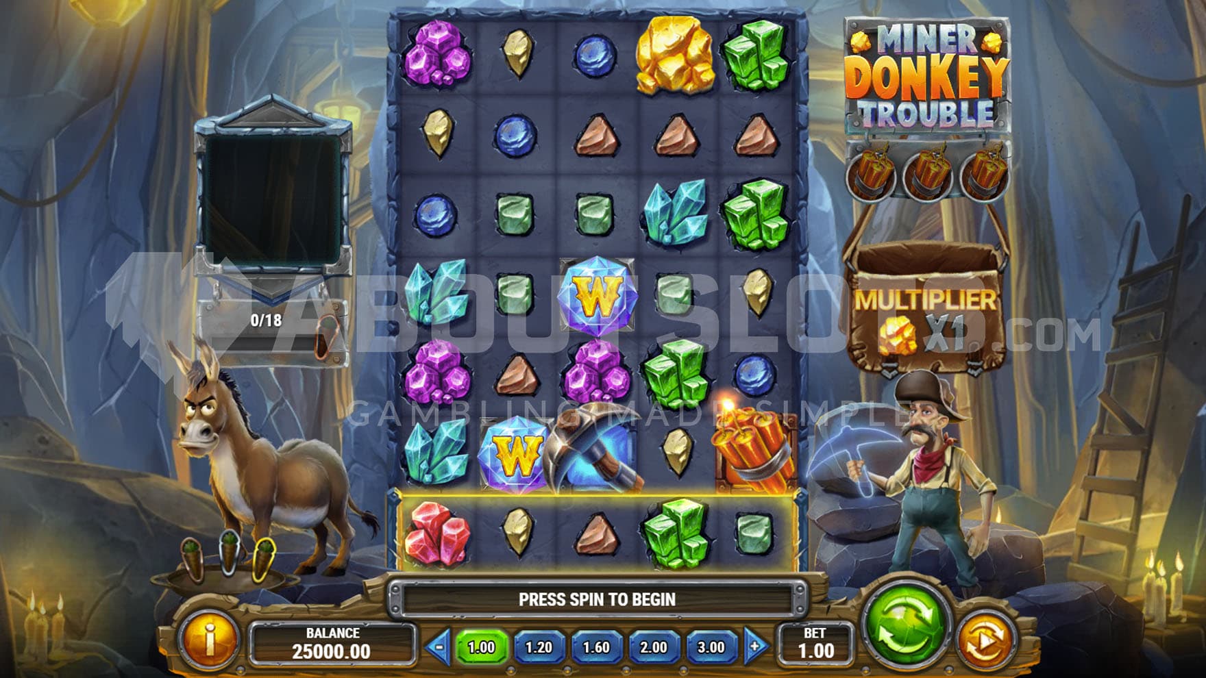 Base Game view of a 5x7 grid on a backdrop of a mine, with a miner standing on the right and a donkey on the left.