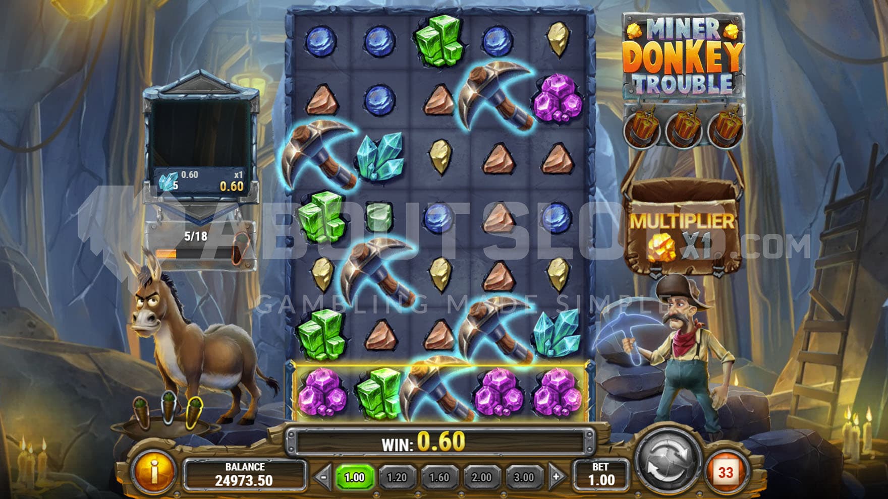 Miner's Pickaxe feature triggered in the base game, adding Diamond Wilds to random positions on the grid.