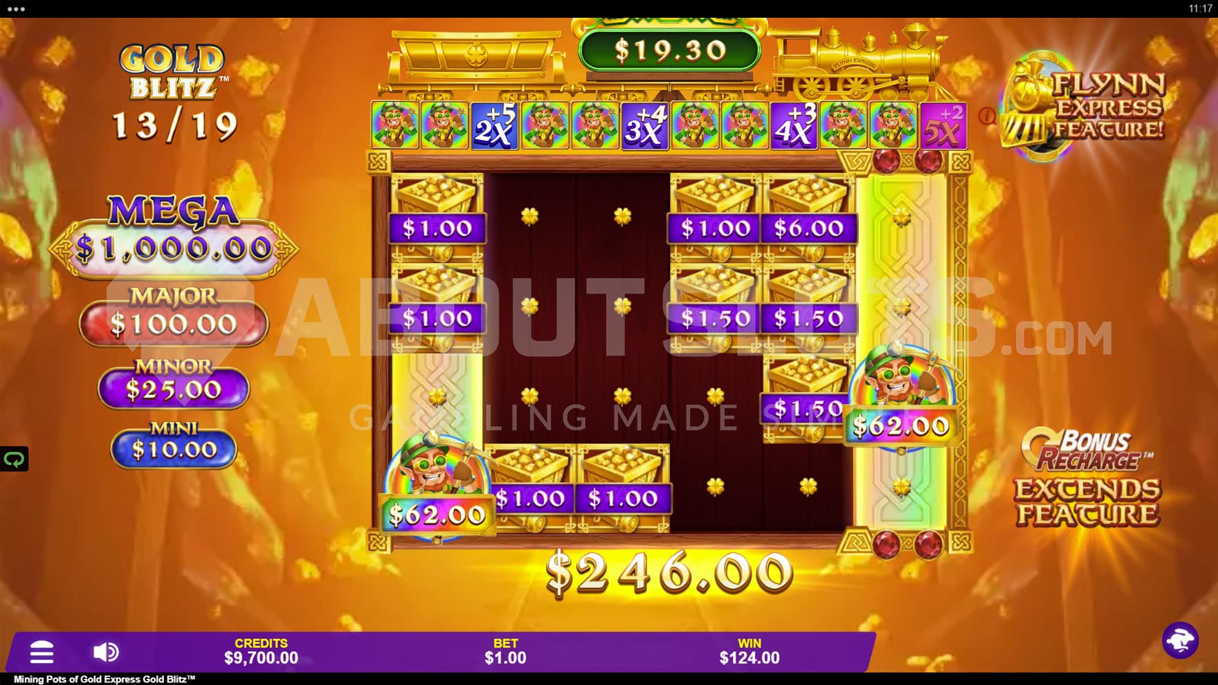 Gold Blitz feature in progress, showing two Collect symbols on the first and last reel and multiple cash symbols on the grid.