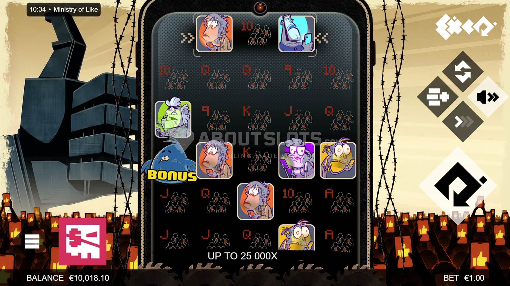 Screenshot of the base game, showing a 5x5 grid set on a surface of a smartphone, with a crowd of people in the background.
