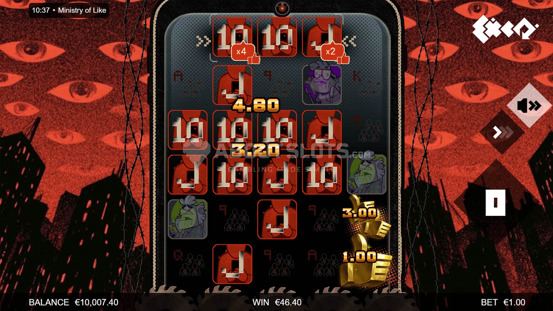 Screenshot of the Free Spins bonus in progress, with multiple wins and cash prizes on the grid.