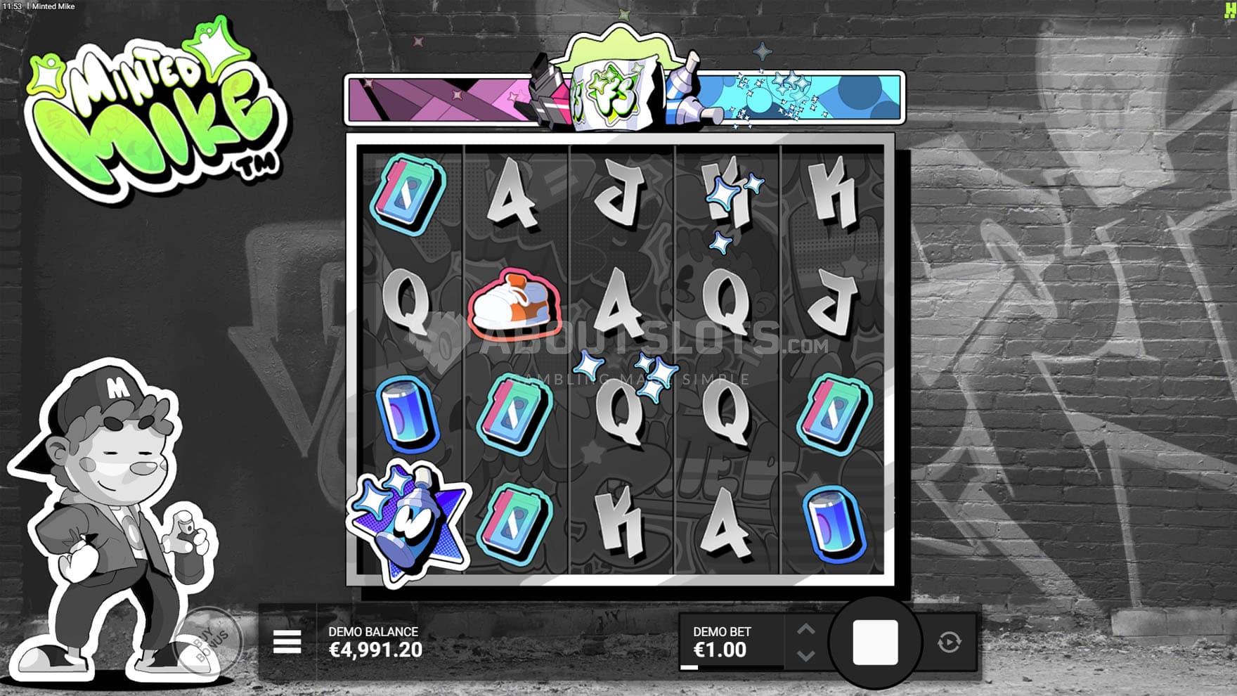 Screenshot of the base game, with a 5x4 grid on a backdrop of a monochromatic wall covered with grafitti.