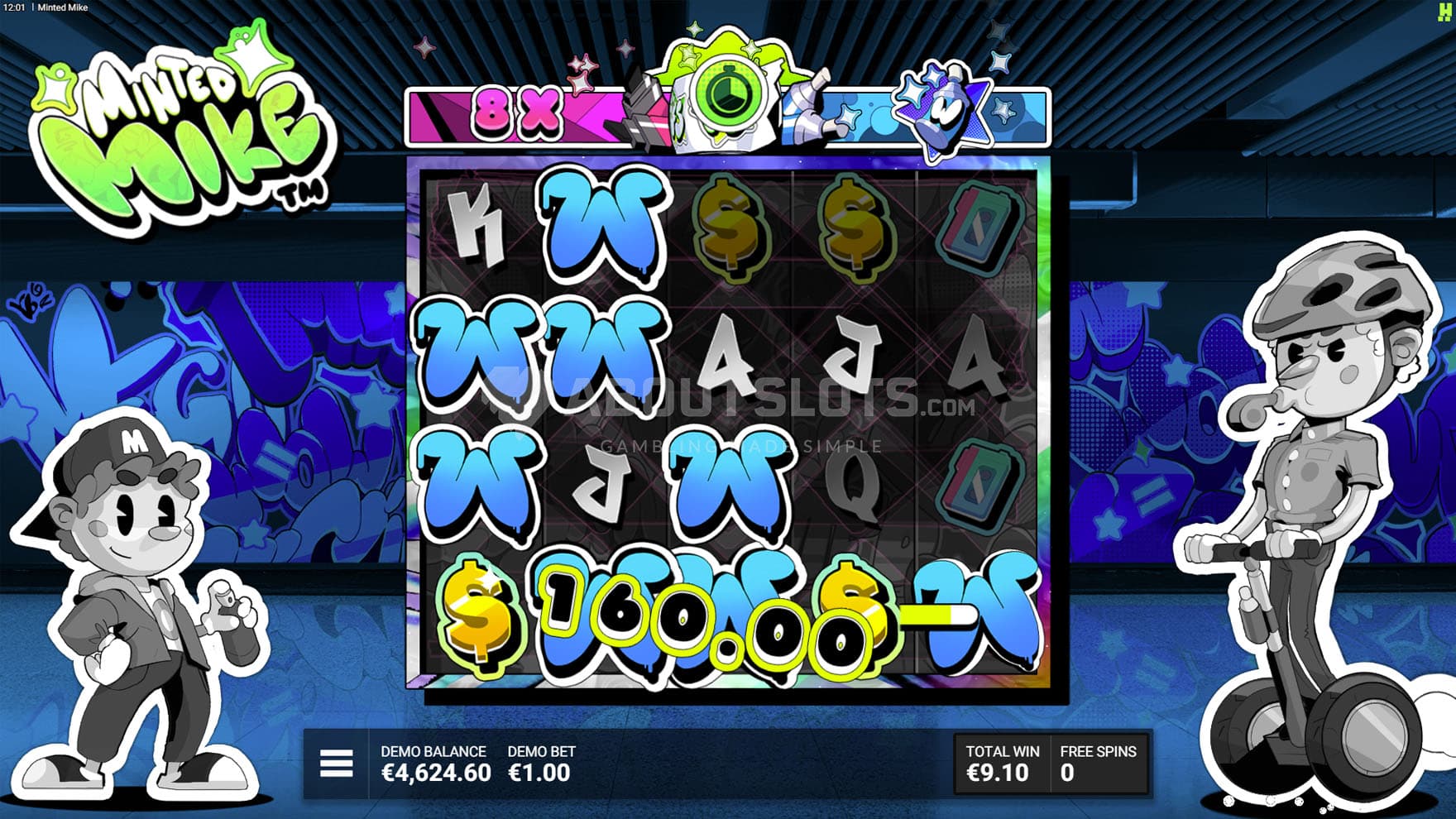 Screenshot of the Ink The City bonus in progress, with multiple wins created with Wild symbols and a multiplier of x8.