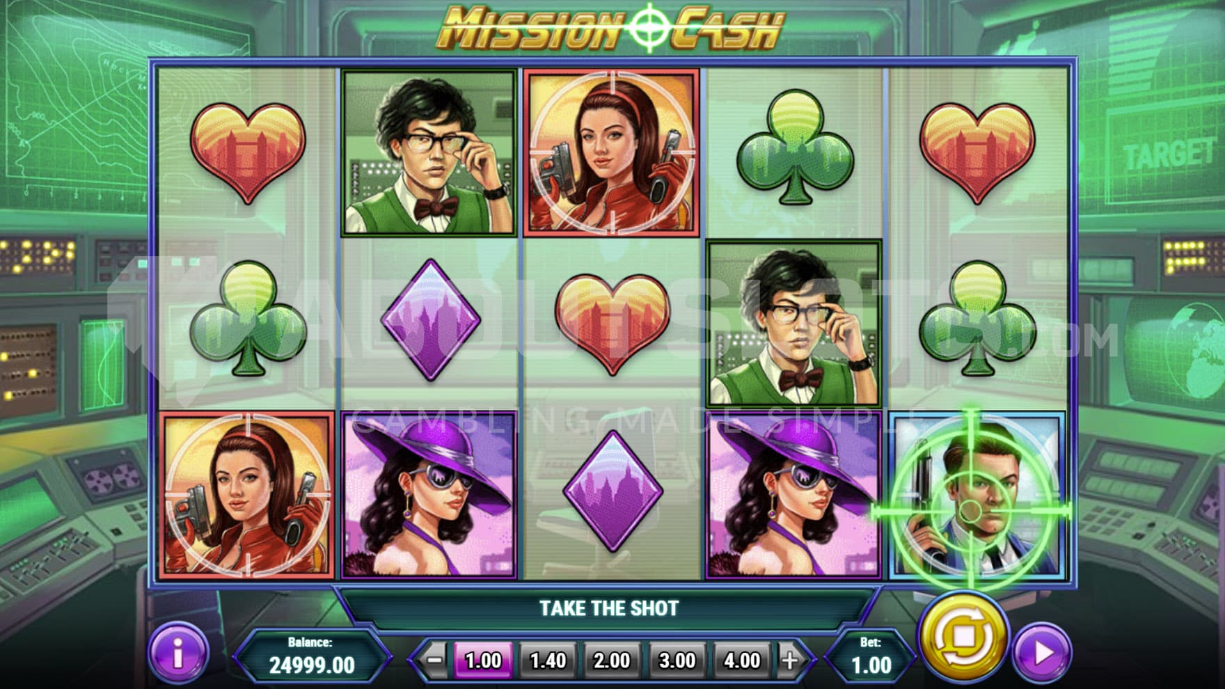 Base Game view of a 5x3 grid on a backdrop of a secret agent's control center.