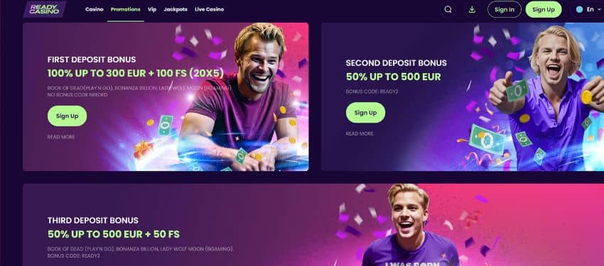 The ReadyCasino welcome bonus thumbnail shows the percentage bonus for the first, second, and third deposits with an animated illustration of men smiling with thumbs up.