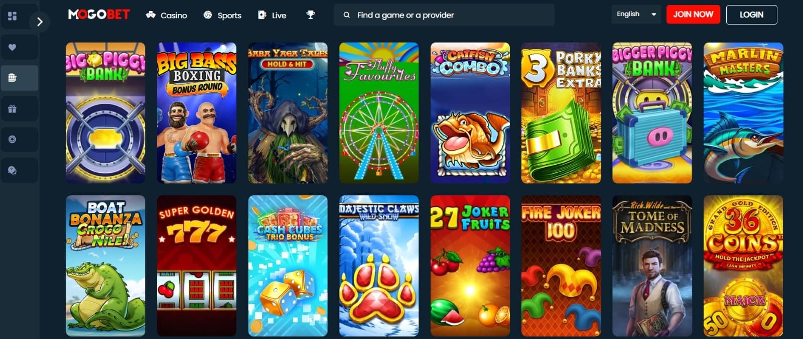 MogoBet Casino games page featuring slots games such as Big Bass Boxing, Tome of Madness and Marlin Masters