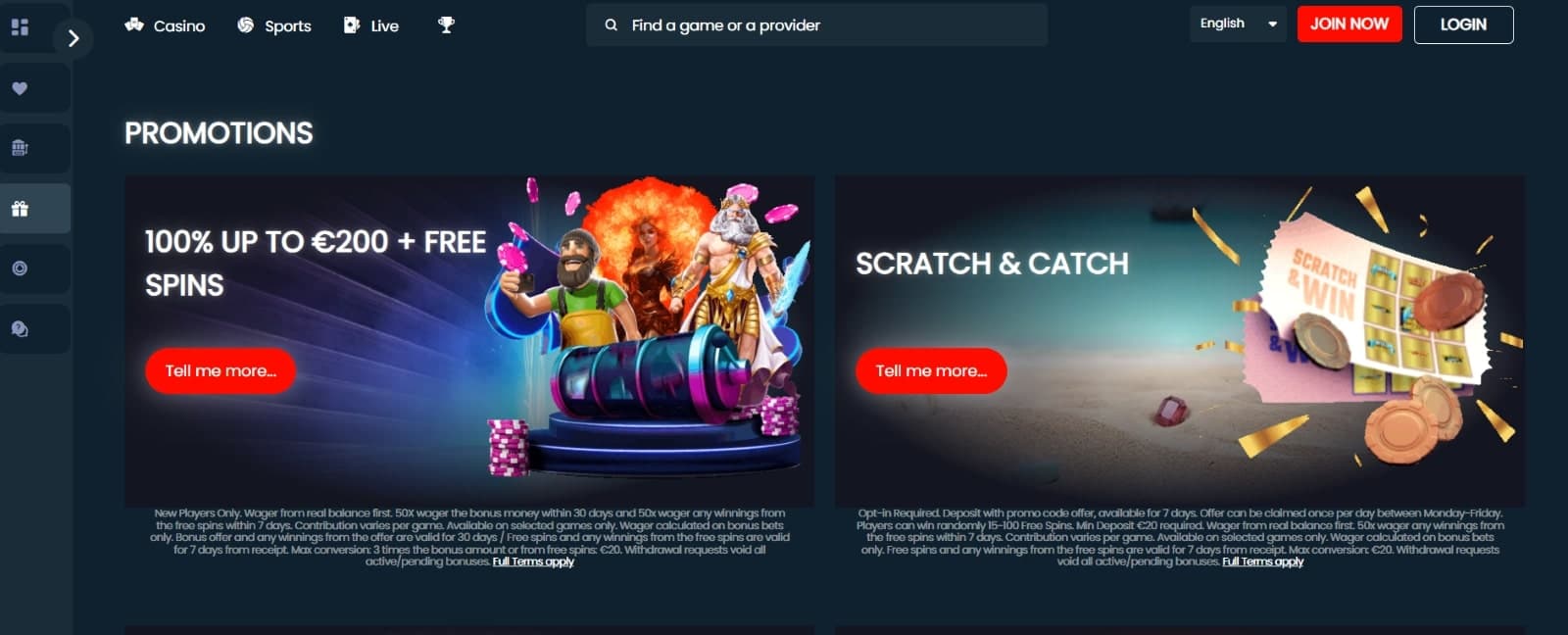 MogoBet Casino promotions page featuring the 100% welcome bonus of 200 euros and scratch and catch promotion