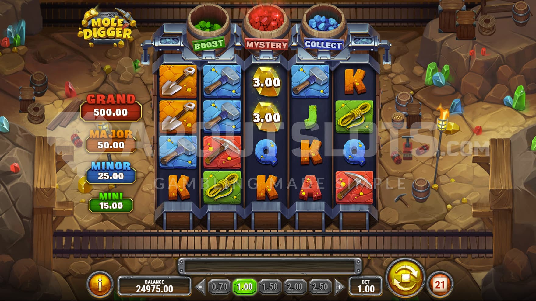 Base Game view of a 5x4 grid on a backdrop of a mining shaft with tools and gems scattered on the ground.