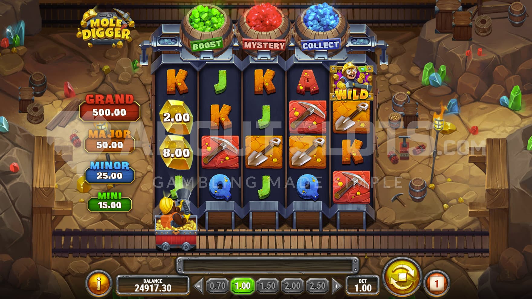 Mine Cart feature triggered in the base game, collecting cash prizes on reel 1.