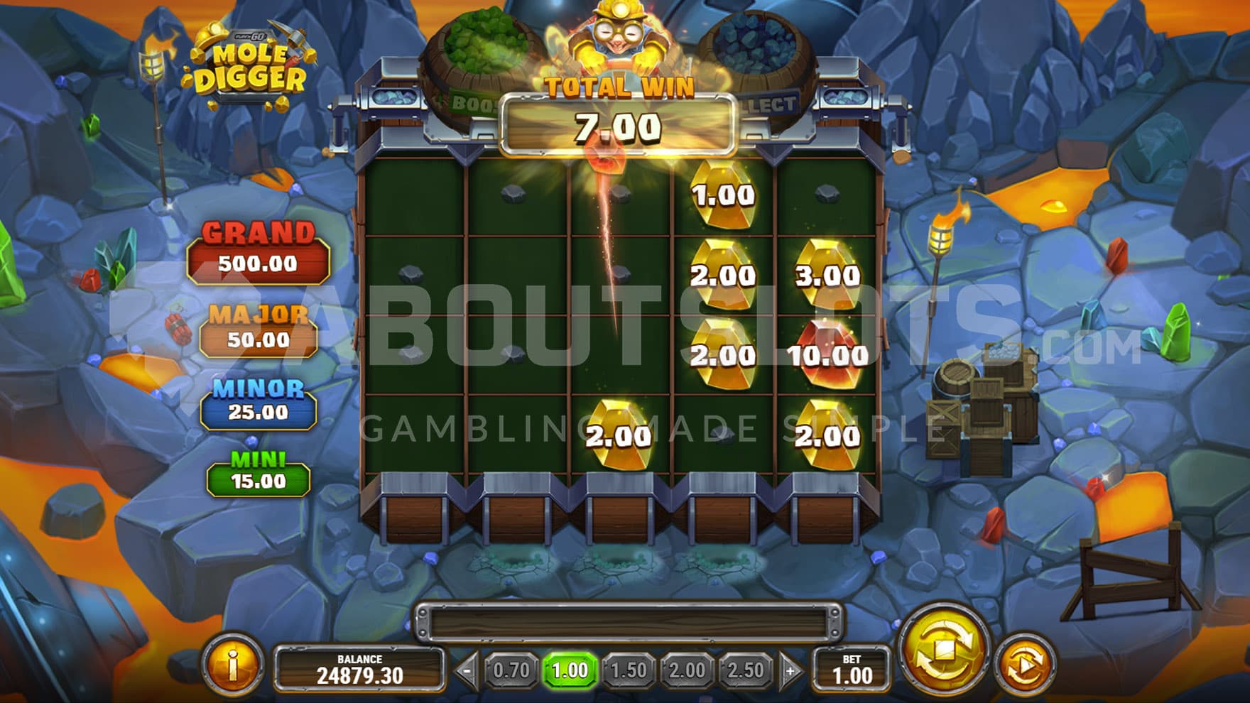 Hold'n Win bonus in progress, showing multiple cash prizes locked on the grid.