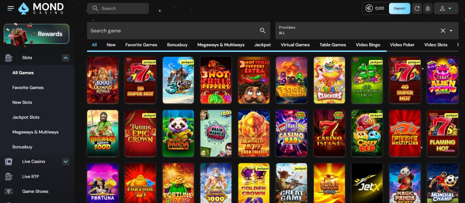 Mondcasino games page featuring the slot icons under main sorting tabs, search bar and provider bar, with side navigational menu