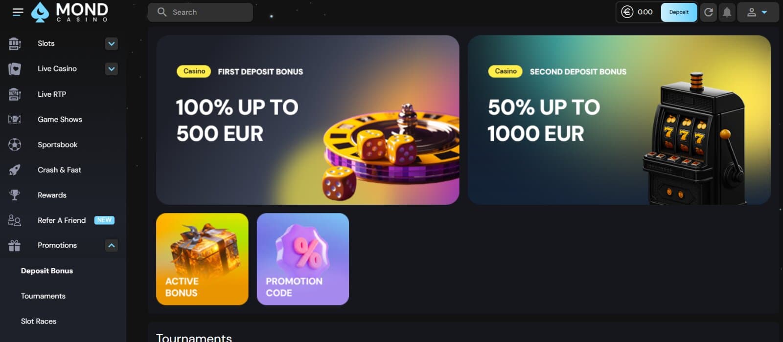 Mondcasino promotions page featuring the two first deposit welcome bonuses alongside active bonus and promotion code sections