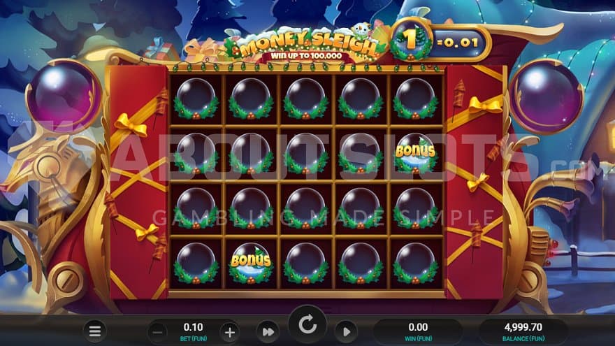A casino slot with empty snow globes on the reels except for two bonus symbols.