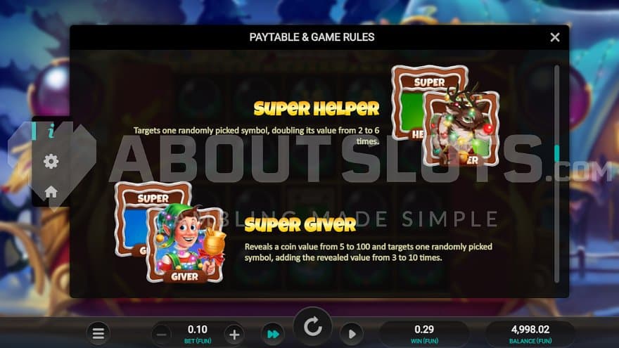 A reindeer super helper and a super giver on the paytable.