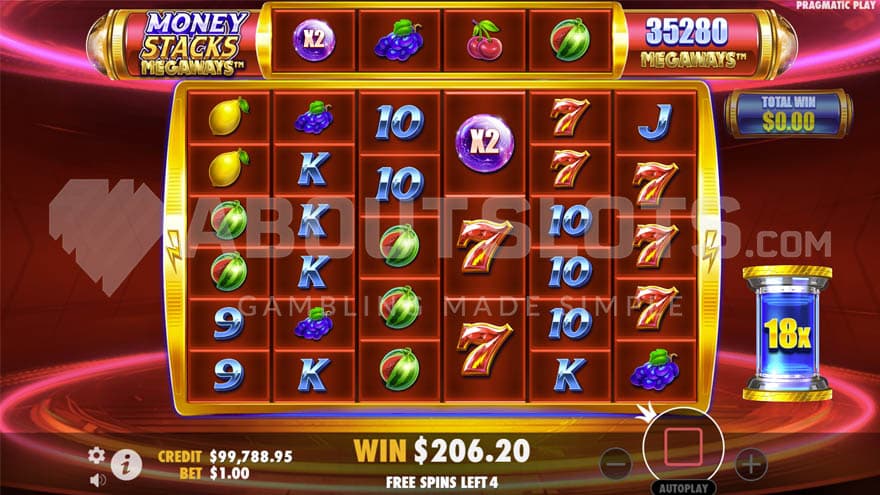 Free spins with two X2 Multiplier Wilds visible on the grid and an x18 global multiplier.