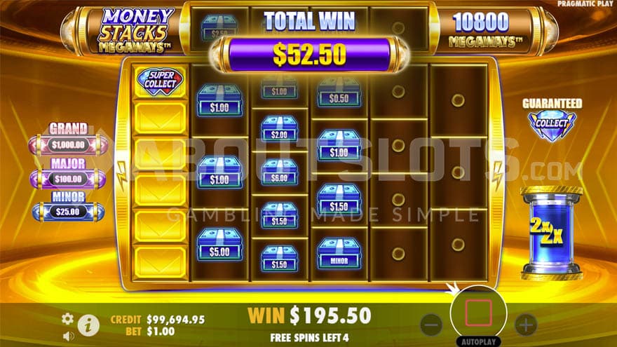 Money Spins bonus with multiple Money symbols on the grid and Super Collect on the first reel.