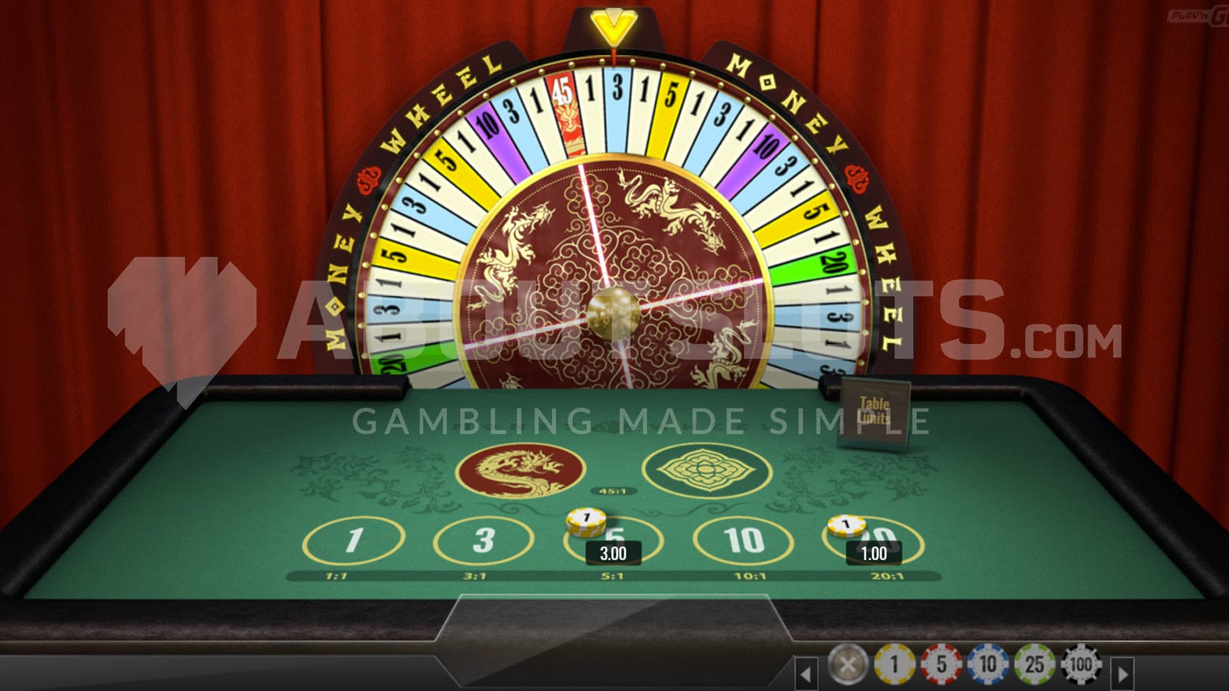 Base Game view of a casino tablet with 7 positions to bet on and a multicolor wheel in the behind it on a background formed of a red curtain.