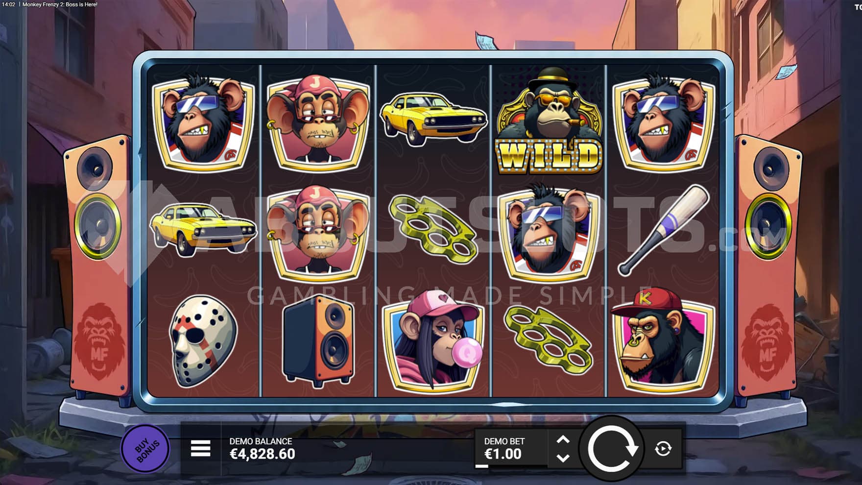 Base Game view of a 5x3 grid on a backdrop of an urban back alley.