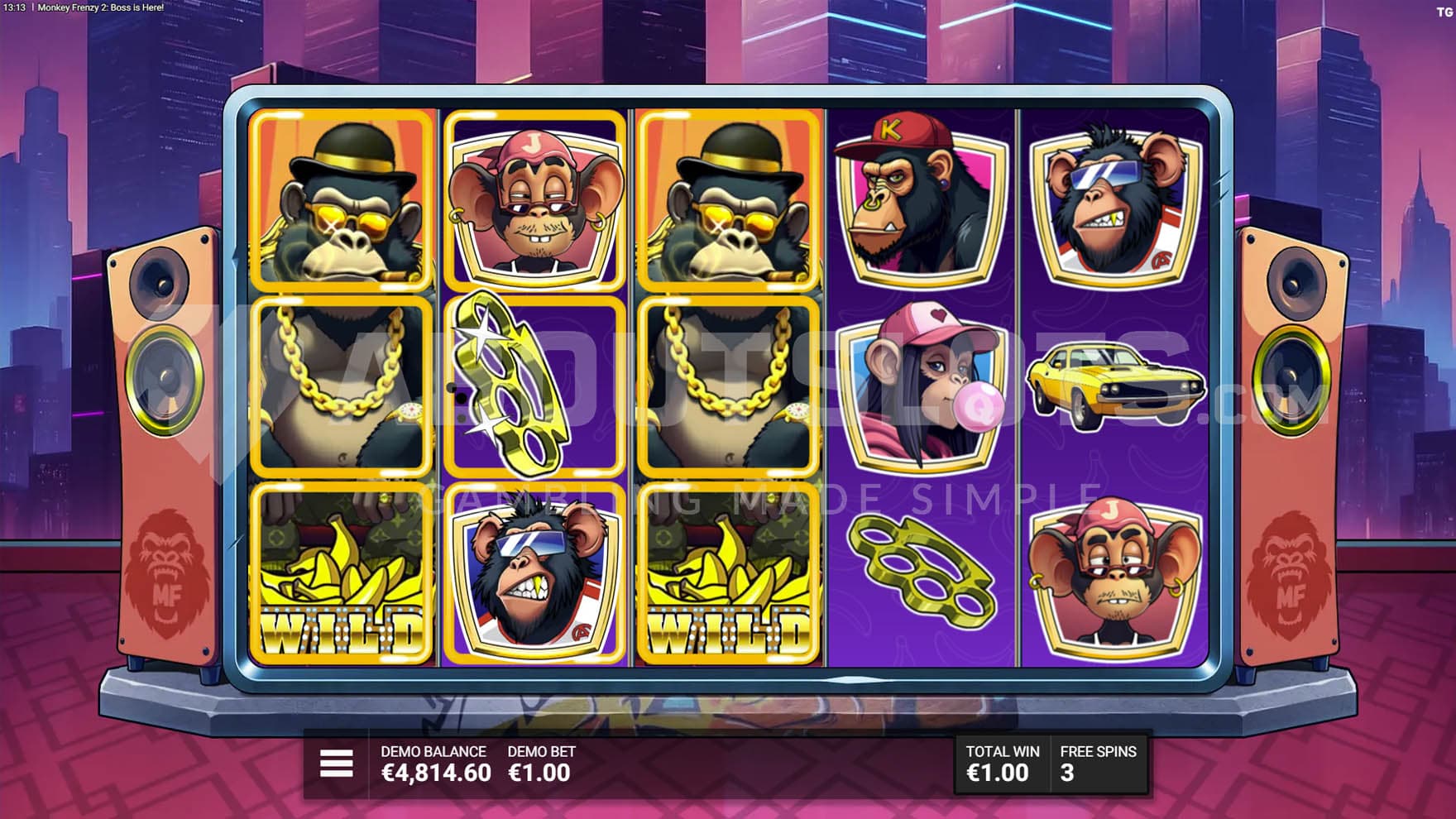 Meet the Bosses bonus in progress, showing 2 Expanding Wilds on reels 1 and 3.