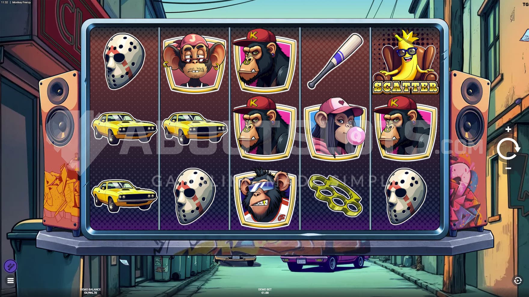 Base Game view of a 5x3 grid on a backdrop of a city back alley with 2 cars blocking the road.