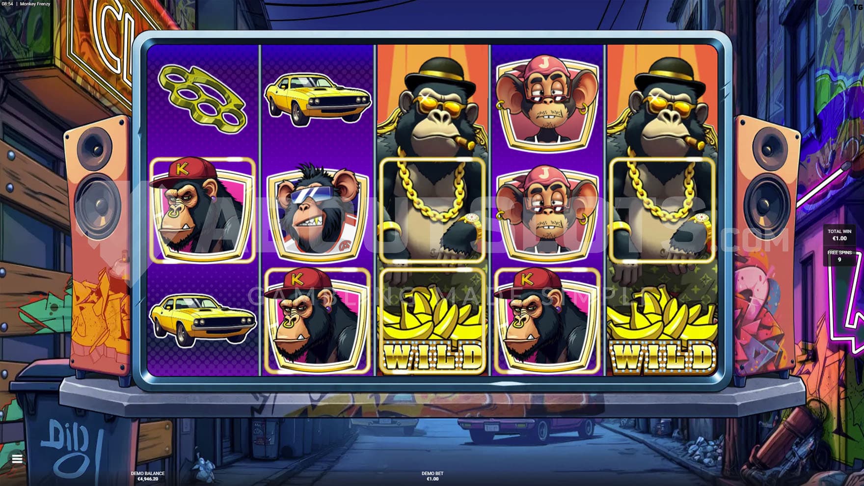 Free Spins bonus in progress, showing 2 Expanded Wilds on reels 3 and 5, forming a 5-of-a-kind win.