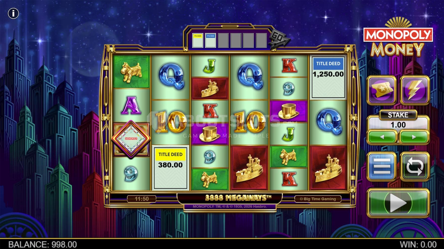 Screenshot of the base game, showing a 6-reel grid on a backdrop of a city skyline at night.