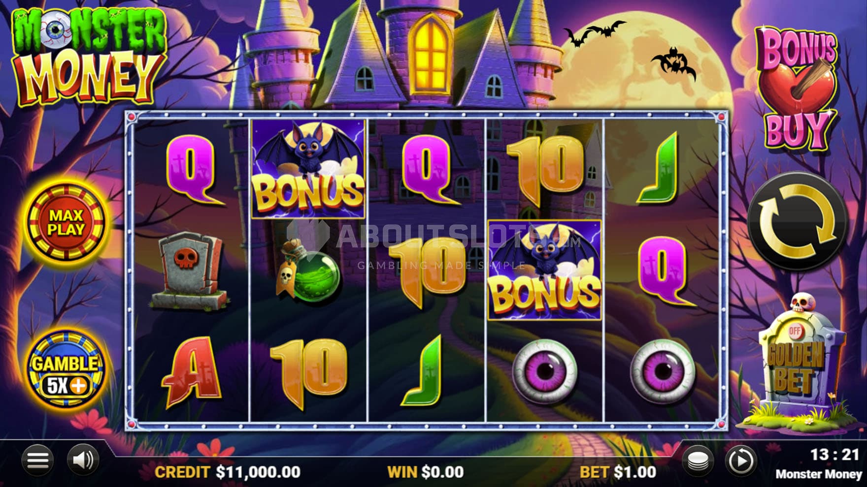 Screenshot of the base game, showing a 5x3 grid on a backdrop of a landscape with a spooky castle.