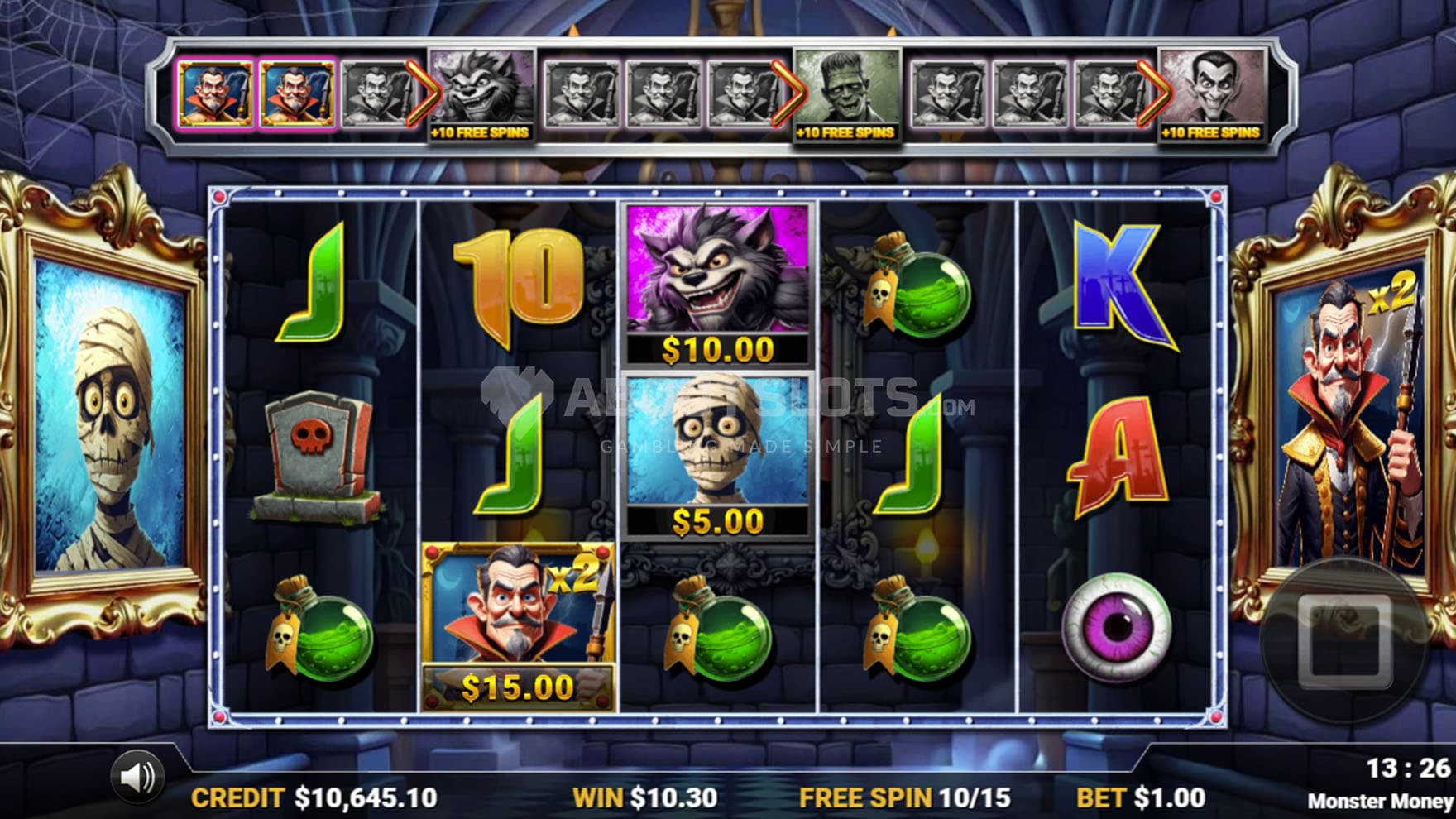Screenshot of the Free Spins bonus in progress, showing a Wild symbol collecting prizes from two Monster symbols.
