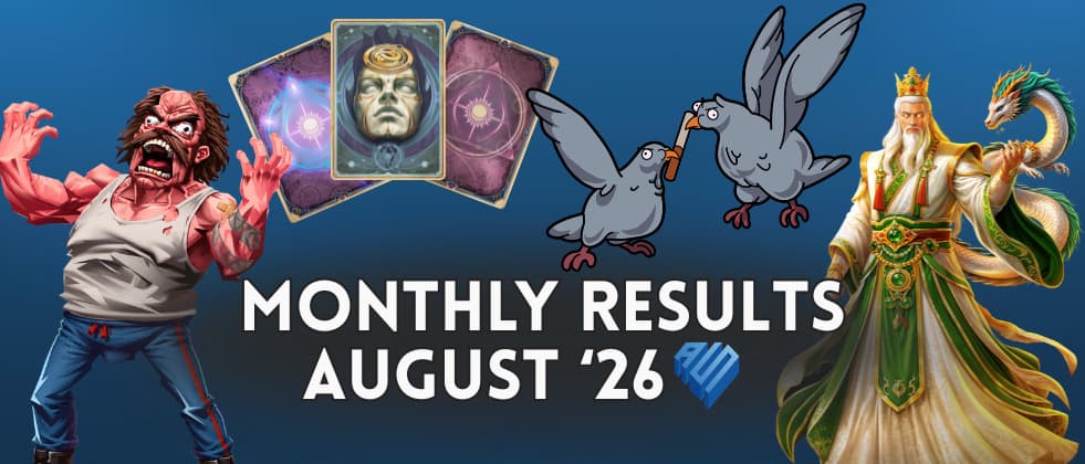 Banner presenting the four hottest slot releases during August 2026. Pissed, Deck of Divinity, Outsourced 2, and Jade Legends.