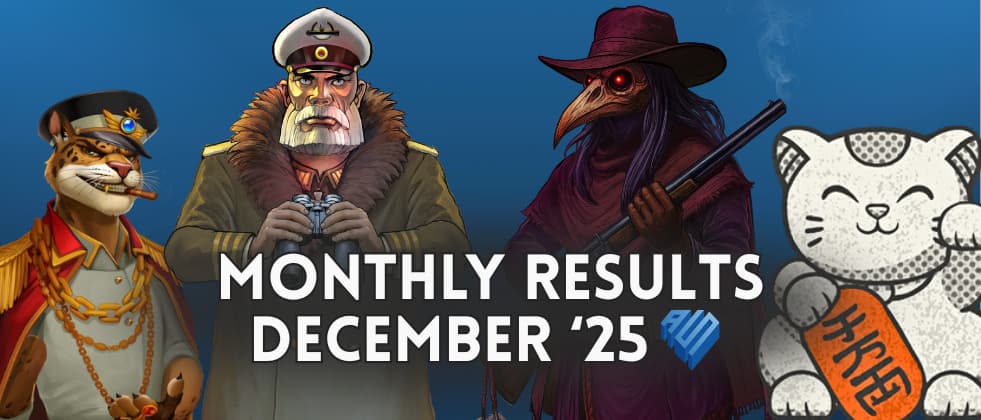 Monthly Results for December 2025, showing the characters from the four hottest slot releases Das xBoot 2, Iron Bank 2, Toshi Ways Club, and Bloody Dawn.