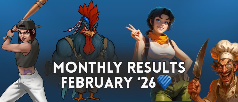 A text showing Monthly Results February '26, where the characters from the top games are standing around this text.