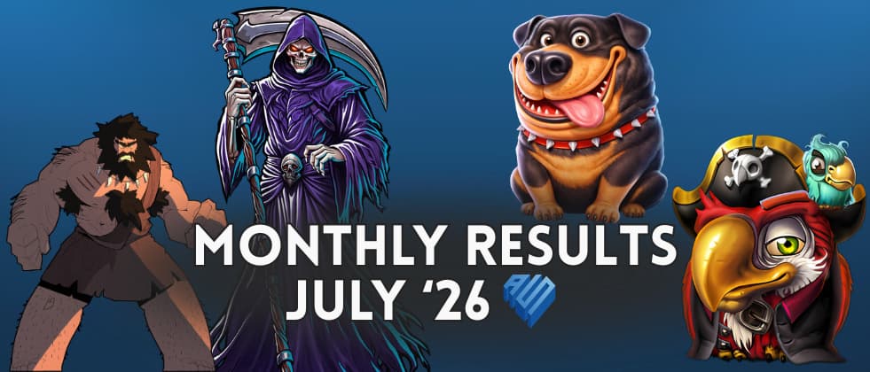 Banner presenting the four hottest releases during July, Grug Make Fire, Death Dominion, The Dog House Megaways 1000, and Pirots 5.