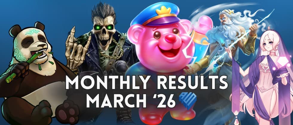 Banner for the monthly results of March 2026, showing characters from Big Bamboo 2, The Crypt 2, Jelly Express, Eternal Duel, and Dusk Princess.